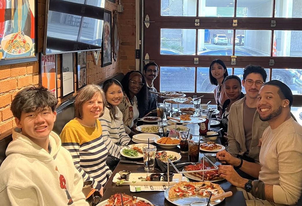Image: From left, back to front: Sohaib Ali (Cohort 2 - U-M Dearborn - and part of the third-place winning team of the pitch competition; Lapree Jackson (Cohort 3 - EMU); Sydney Shimabukuro (Cohort 2 - U-M Ann Arbor); Amy Gillett (WDI), Matthew Sugiyama (Cohort 3 - U-M Ann Arbor). From right, back to front: Hailey Kuncoro (Cohort 3 - U-M Ann Arbor); Leilani Barnett (Cohort 3 - EMU), David Estrada (WDI); Jaylin Wright (Cohort 3 - U-M Ann Arbor).